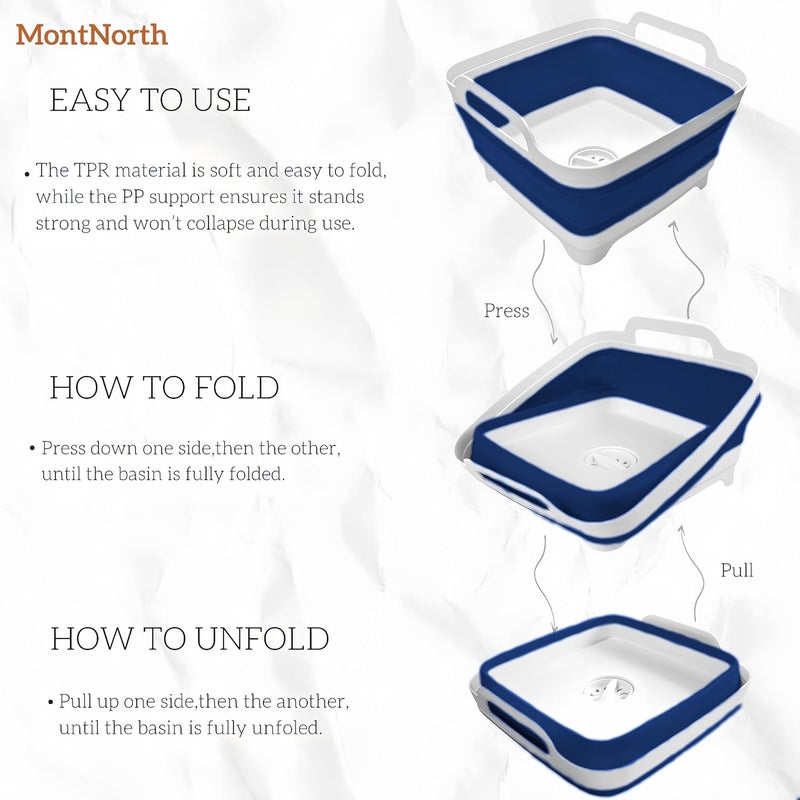 MontNorth Collapsible Wash Basin 9L, Foldable Dish Tub with Drain Plug, Portable Collapsible Dish Basin, Camping Sink for Washing Dishes, Laundry & Kitchen Use (Navy Blue) - Image 3